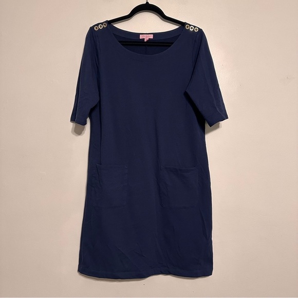 Lilly Pulitzer Lilah Navy Blue Shift Dress Gold Buttons Size Large - Picture 3 of 9